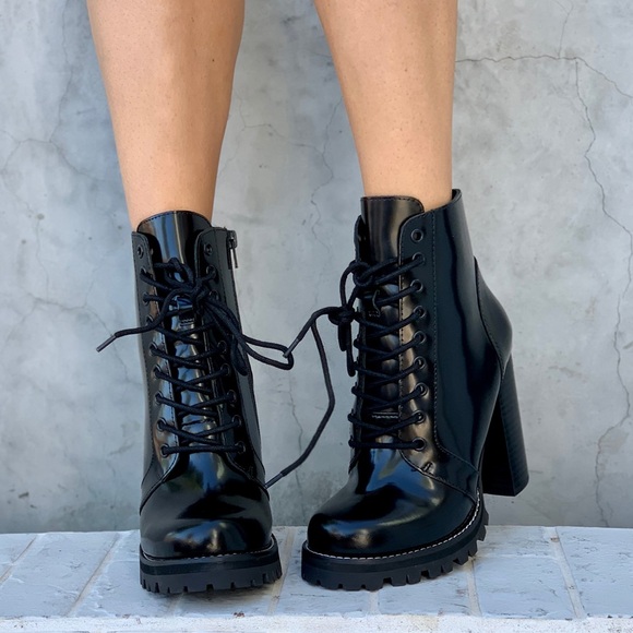 Jeffrey Campbell Shoes - Black Lace-Up Women's Boots shiny black legion Jeffrey Campbell 7 heeled tall